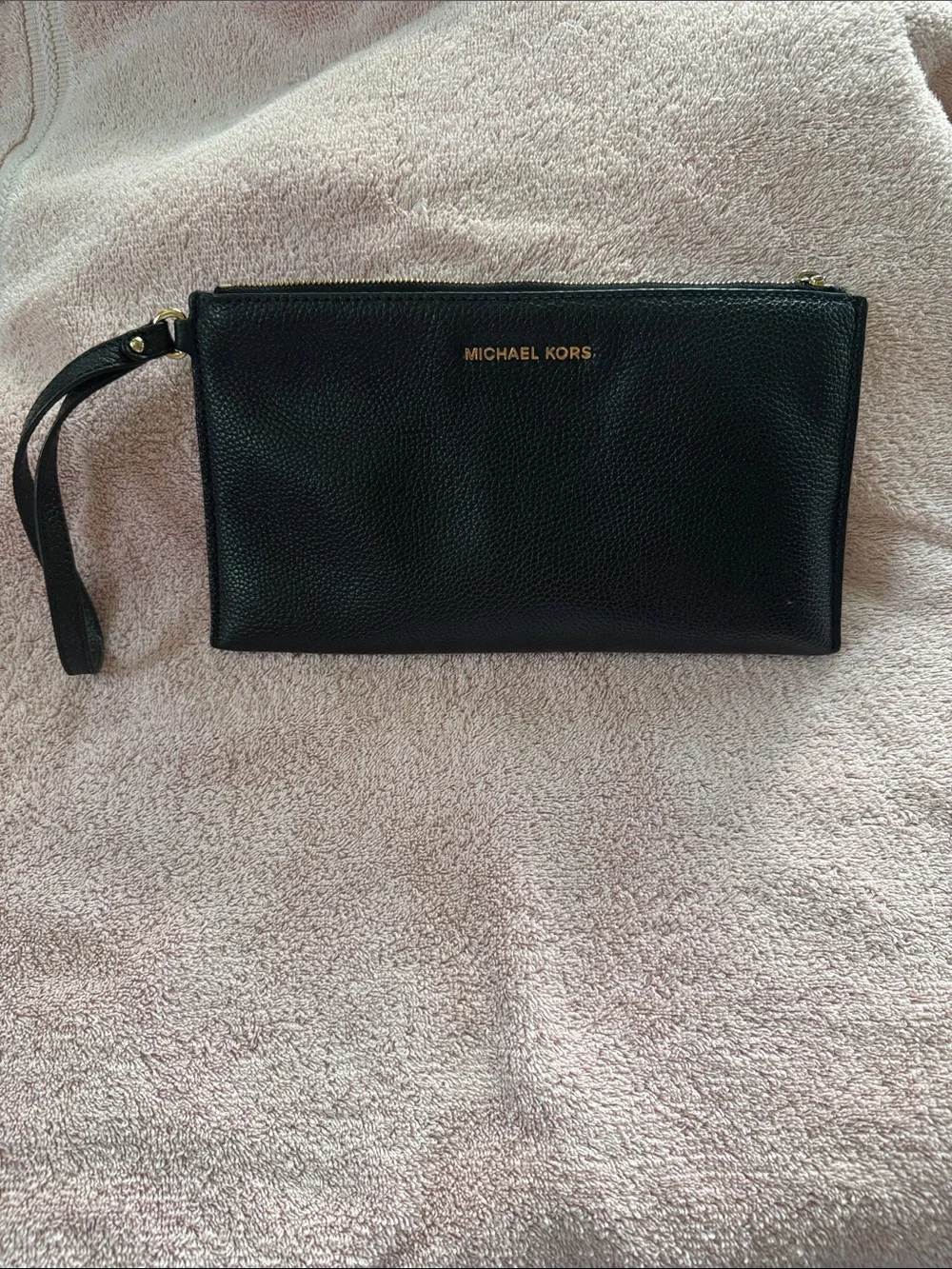 Michael Kors Black Pebbled Leather Wristlet with Gold Logo